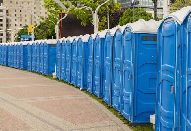 portable restrooms lined up at a marathon, ensuring runners can take a much-needed bathroom break in Escondido CA